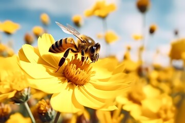 Honey bee on a yellow flower collects pollen, wild nature landscape - obrazy, fototapety, plakaty