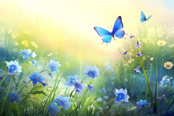 Obraz na płótnie Canvas Beautiful summer or spring meadow with blue flowers of forget-me-nots and two flying butterflies, wild nature landscape