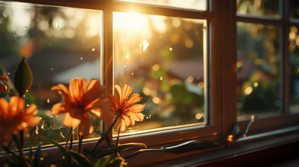 Foto op Plexiglas Close-up of sun rays through the window creating a warm. Generative AI. © ProVector