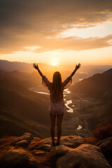 Fototapeta na wymiar Young woman reaching for mountains at sunset surrounded by a beautiful landscape 