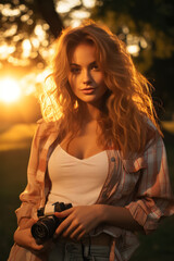 Young girl capturing sunset moments in a summer park with her camera 