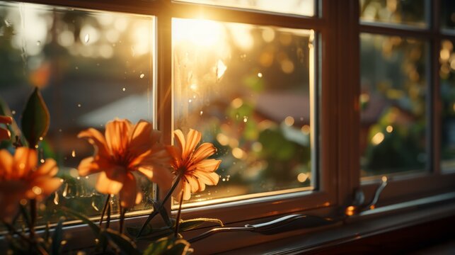 Fototapeta Close-up of sun rays through the window creating a warm. Generative AI.