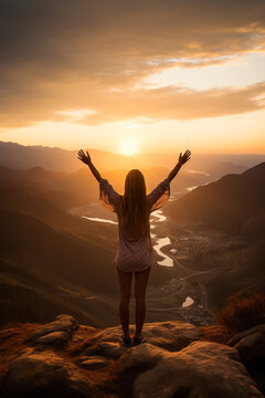 Young woman reaching for mountains at sunset surrounded by a beautiful landscape 