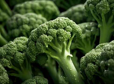 Close up image of the baby broccoli,  broccoli is growing on the plant, with leaves, broccoli with orange spots. 