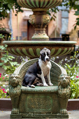 An American Staffordshire Terrier with a crown on his head sits in an antique chair in the front...