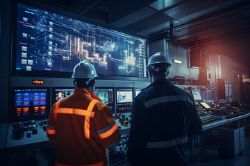 Petrochemical Facility. Workers Monitoring Equipment in Control Room