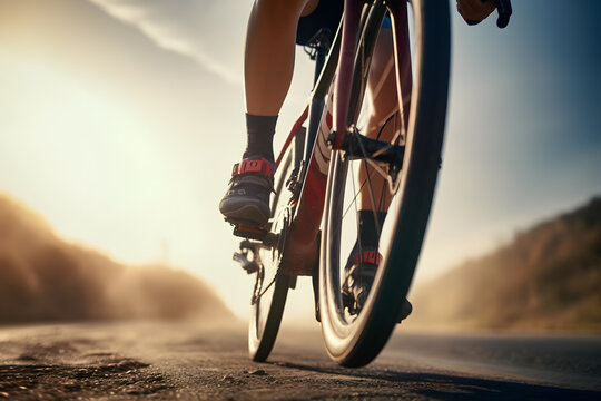 The excitement and adrenaline of a young cyclist in action with a closeup shot of legs pedaling