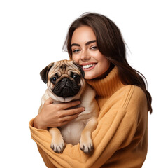 Casual female pet owner enjoys time with pug dog isolated in studio