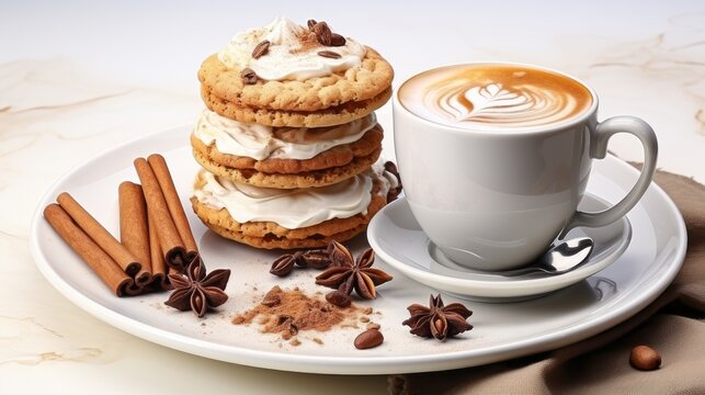 WATERCOLOR LATTE COFFEE CUP WITH BISCUITS.