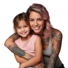 Peace sign displayed by tattooed mother piggybacking daughter isolated on grey banner - obrazy, fototapety, plakaty