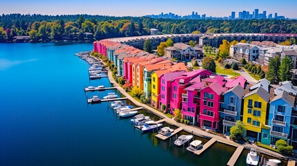 Aerial View of Colorful Condos in Atlanta Suburbs Next to GA 400 Highway, America - obrazy, fototapety, plakaty