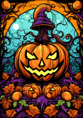 Pumpkin wearing a hat, in the style of haunting imagery, light purple and red, caricature like, Halloween pumpkin, jack o lantern illustration.