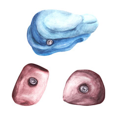 Boulder coloured stones set. Holds for rock climbing on a wall in the gym. Watercolor illustration isolated white background. Element for your design of postcards flyers brochures stickers prints logo