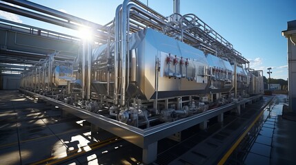 Dairy plant equipment stainless steel storage and process. Generative AI.