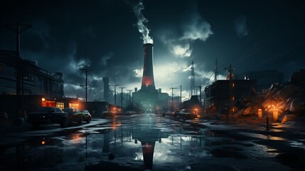 Dark factory architecture illuminates the night. Generative AI.