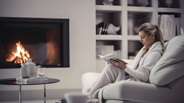 woman reading a book in the comfort of her house