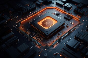 CPU on futuristic high tech motherboard.
