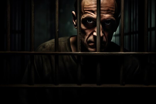 Dark Portrait of Man in Jail Concept for Confinement, Anxiety, Personal Freedom, Social Bond, Criminal Justice Unpacked and Unjust Imprisonment