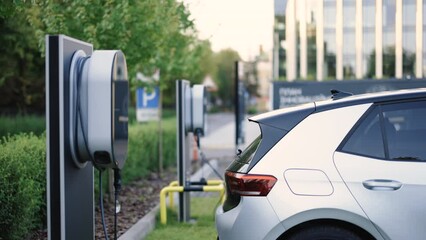 Charge station for electric cars. Electric car charger. Alternative energy for ecological cars. Electric, zero pollution cars on green energy concept on modern city parking lot - Powered by Adobe