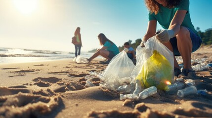 Group of eco volunteers picking up plastic trash on the beach - Activist people collecting garbage protecting the planet - Ocean pollution, environmental conservation and ecology concept - obrazy, fototapety, plakaty
