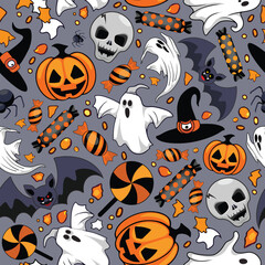 Ghosts Spooky and Creepy Cute Monsters Horror Halloween Symbols Seamless Repeat Vector Pattern Design