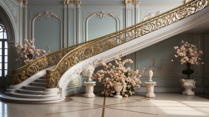 Elegant staircase with ornate balustrade and metal railin. Generative AI. - obrazy, fototapety, plakaty