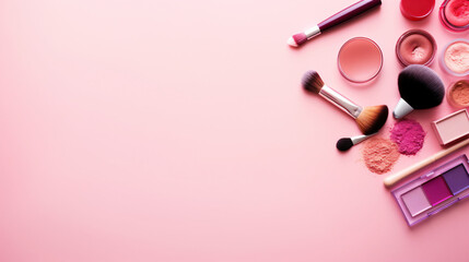 Fashion Makeup Cosmetic accessories on pink background