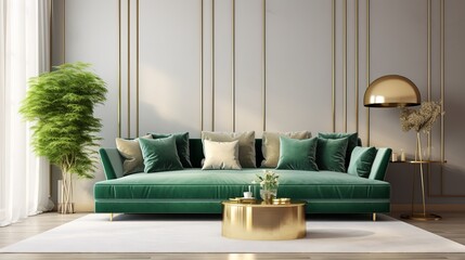 Modern interior design features in a luxurious living room include a green velvet sofa, coffee table, pouf, and gold accents.