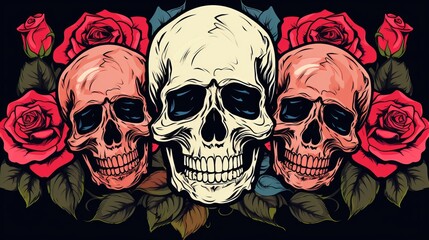 Illustration of skulls in a rose-colored background using a vector program