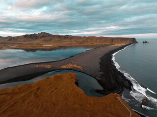 aerial view of black sand beach in Vik, Iceland