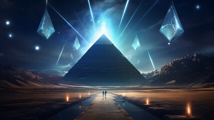 At night, this future desert environment contains Egyptian pyramids. glare from galaxies, light beams, and stars in the night sky. in the tunnel of the pyramid. illustration