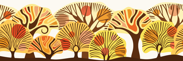 Autumn background, seamless border, autumn stylized trees, vector design