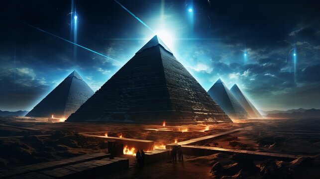 At night, this future desert environment contains Egyptian pyramids. glare from galaxies, light beams, and stars in the night sky. in the tunnel of the pyramid. illustration