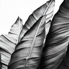 abstraction banana leaves, black and white on white background.
