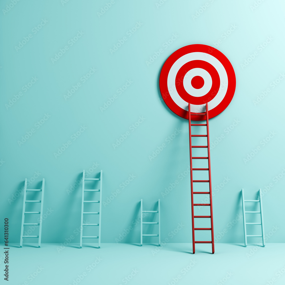 Aufkleber Business goal target and leadership concepts long red ladder to goal target on light blue green pastel color background with shadows 3D rendering