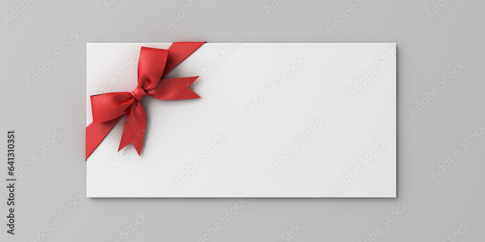 Leinwandbilder blank white gift voucher with red ribbon bow or empty gift signboard isolated on grey background wit