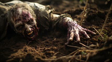 Scary zombie with hands on the ground. Halloween concept