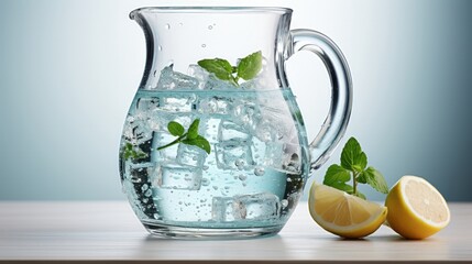 Glass water jug with white backdrop. Generative AI.