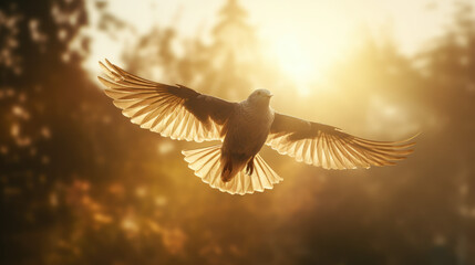 a bird flying with the sunlight behind it