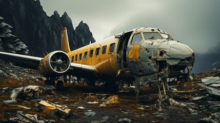 Gray wreckage of an aircraft on a rock beneath gloomy sky. Generative AI. - obrazy, fototapety, plakaty