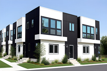 Modern modular private black white townhouses. Residential architecture exterior. Outside view