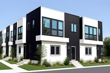 Modern modular private black white townhouses. Residential architecture exterior. Outside view