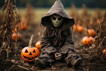 Scary witch sitting on a chair in the field. Halloween concept.