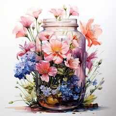  watercolor painting depicting vibrant flowers in a glass vase. Generative Ai