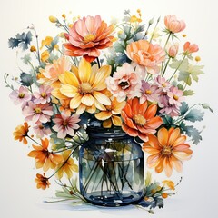  watercolor painting depicting vibrant flowers in a glass vase. Generative Ai