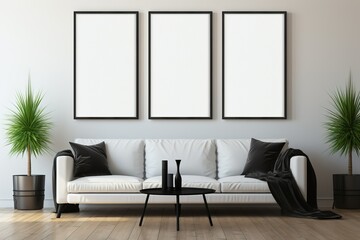 Beautiful interior with modern sofa and wall art frame, beautiful home interior design. Generative Ai