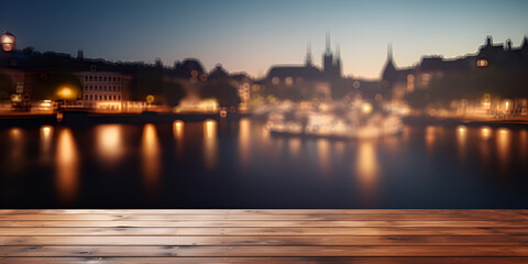 Fototapeta na wymiar Blurred city lights in sydney, Wood table with city lights night blurred background, Wooden platform with abstract blurred bokeh city lights , generative Ai 
