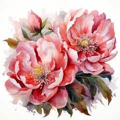 Pink watercolor peonies on white backgorund. Generative Ai