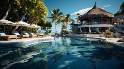 Fototapeta premium Idyllic luxury resort offers tranquil poolside relaxation. Generative AI.