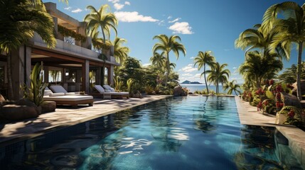 Fototapeta premium Idyllic luxury resort offers tranquil poolside relaxation. Generative AI.